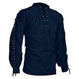 Herren Klassisches Schnürhemd aus Baumwolle, mittelalterliches Vintage-Kostüm, Henley Langarm Herren mit Manschettenknöpfen inklusive, Hemd, kurze Schnürbluse, Gothic, Steampunk-Shirt, viktorianische