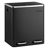 SONGMICS Mülleimer Küche, 2 x 15 Liter, Mülltrennsystem 2 Fächer, inklusive 15 Müllbeutel, Abfalleimer, Treteimer, recycelbare Abfälle, Biomüll, Softclose-Deckel, tintenschwarz LTB30BK