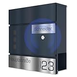 Graviers Design Briefkasten mit integrierter Funkklingel in Anthrazit RAL 7016 - Sichtfenster Postkasten personalisiert Edelstahl Laserschnitt Gravur Wandbriefkasten mit Schloss Zeitungsfach
