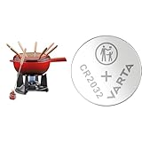 Spring Gusseisen Fondue Set rot | Ø 20 cm | mit 8 Fonduegabeln und Spritzschutz & VARTA Batterien Knopfzellen CR2032, 10 Stück, Lithium Coin, 3V