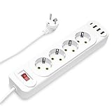 4-Fach Steckdosenleiste mit USB-C, Mehrfachsteckdose Überspannungsschutz mit Schaltbar, Verteilersteckdose Wandmontage Multisteckdose mit 2M Verlängerungskabel, Weiß