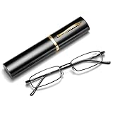 Tragbare Lesebrille für Damen Herren, Kompakte Metallbrille mit Federscharnier(Black,2.5)