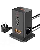 TESSAN PD 65W USB C Ladegerät Mehrfach, GaN Schnellladegerät mit 6 Ports und 2 AC Stecker, USB Ladestation Mehrfach mit 2M Kabel für Phone und Pad, Adapter für Schreibtisch, Charging Station
