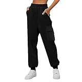Cargo-Jogginghose mit Bündchen, Cargo-Hose für Damen, einfarbig, mit mehreren Taschen, legere Sporthose, modische Wanderhose, weite Taille, Fitnessstudio, Sporthose, Schwarz , S