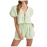 Produktkategorie Damen Shorts Set – Stilvolles Zweiteiliges Outfit-Set mit Blusenoberteil Shorts Elegant Pfirsichfarbenes Design Leichtes Pyjama-Set Puffärmel Bindeband vorne (Green, S)