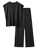 UMIPUBO Zweiteiler Damen 2 Piece Loungewear Set Freizeit Strickpullover Tops High Waist Elastische Taille Hosen Hausanzug Sets Elegant Sleepwear Outfit Elegant Freizeitanzug (Schwarz, L)