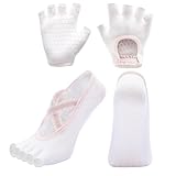Hotcinab Yoga Socken und Yoga-Handschuhe Set Atmungsaktiv Pilates Socken Rutschfeste Zehensocken Fingerlose Gym Handschuhe ABS Stoppersocken Sporthandschuhe Antirutschsocken für Fitness Weiß