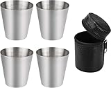 SpetngSake 4 Stück Schnapsbecher Edelstahl,Edelstahl Becher 30ml Klein,Tragbar Metallbecher mit Leder-Tasche,Stapelbare Trinkbecher Unzerbrechlich,Edelstahl Schnapsbecher für Camping,Picknick,Wandern