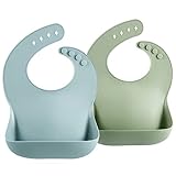 PandaEar 2 Stück Silikon Lätzchen für Babys & Kleinkinder Fütterung, Baby Fütterlätzchen BPA-Frei Abwaschbar Wasserdicht Babylätzchen mit Auffangschale 4 Verstellbaren Tasten, Weich, Unisex| Blau Grün