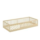 CADANI Timi 2in1 Bodenbett 90x200 cm Montessori Kinderbett mit abnehmbaren Rausfallschutz inkl. Lattenrost, Kiefer Massivholz, Natur - 3 Aufbauvarianten, bis 200 kg belastbar, umbaubar