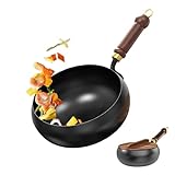 WRQIOO Eisenpfanne Geschmiedet, Unbeschichtete Eisenpfanne mit Holzdeckel, Big Belly Bratpfanne, Schmiedeeiserne Pfanne 24cm, Geschmiedete Pfanne zum Anbraten, Eintopf und Sautieren