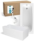 Calmwaters® Premium Badewanne Komplettset 170x75 cm Original, Made in EU, 3in1 Acryl-Badewanne mit Wannenträger & Ablaufgarnitur, Körperformbadewanne, Rechteckbadewanne 170 x 75, 200 l, Weiß