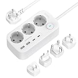 Reiseadapter Weltweit, Steckdosenadapter Reisestecker mit 3 Fach und 4 USB(2 USB C), Typ A/C/G/I/M/D Reise Steckdosenleiste mit 1,5M für Japan, UK, Thailand, Australien, Europa, Südafrika, India