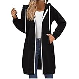 RLEHJN Full-Zip Hoodie Damen Oversized Sweatjacke Einfarbig Zip up Kapuzenpullover mit Taschen und Kordelzug Y9K Mode Lange Sweatjacke Outwear Langen Mantel Jacke Übergangsjacke mit Kapuze