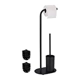 Relaxdays WC Garnitur, HBT: 64,5x23x17 cm, stehender Toilettenpapierhalter, Klobürste mit Bürstenhalter, Eisen, schwarz