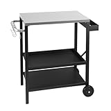 Eikuavons Grilltisch, Grillwagen, Grilltisch Outdoor, Küchenwagen mit Zwei höhenverstellbaren Ablagen mit Gewürzregal und 6X Haken, Grillwagen auf Zwei Rädern, Tischplatte aus Edelstahl, 84x67x41cm