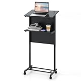 COSTWAY Stehpult höhenverstellbar, Steh-Sitz Schreibtisch mit Rollen, mobiler Stehschreibtisch mit geneigter Tischplatte & Ablagefläche, Laptoptisch für Zuhause & Büro, Schwarz