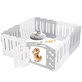 MAMIZO Welpenauslauf 60CM Hoch Welpenlaufstall, Laufstall Hund 7+1 PCS Platten, Plastik Welpenzaun, Hundeauslauf mit Tor, Inkl. Saugnäpfe & Erdanker, Drinnen Hundelaufstall für Wohnung, Grau-Weiß
