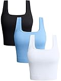 OQQ Damen 3-teiliges Tank-Top Gerippt Nahtlos Workout-Shirts Yoga Bauchfreies Top Schwarz Candyblue Weiß