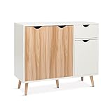 Mondeer Kommode, Sideboard Holz mit 1 Schubladen und 3 Türen für Wohnzimmer Schlafzimmer Flur, Weiß und Natur 90 x 30 x 73 cm