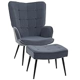 HOMCOM Ohrensessel mit Hocker Sessel Loungesessel mit Samtoptik, Modern Relaxsessel, Polstersessel Lesesessel für Wohnzimmer, Schlafzimmer, Dunkelgrau