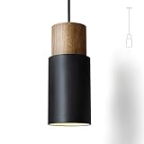 ouglres Pendelleuchte Schwarz 1 Flammig,Vintage Zylinder Holz Hängelampe,Aluminium Industrial Hängeleuchte E27 Leuchtmittel 60W für Küche Esstisch Wohnzimmer Schlafzimmer Restaurant,Höhenverstellbar