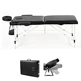 2-Zonen Massageliege — klappbar & höhenverstellbar — Mobile Alu Kosmetikliege mit Kopfschütze, Armlehnen & Tasche - 186 x 62 cm - Schwarz