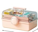 Medikamentenbox Groß mit Tragegriff Medikamenten Aufbewahrung 3-Stöckige Medicine Organizer Box Kunststoff Hausapotheke Box Erste-Hilfe-Koffer für Medikamente Gadgets Kosmetische Hause Urlaub (Rosa)