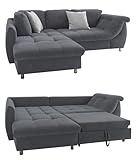 Modernes Ecksofa mit Schlaffunktion u.Bettkasten 250x190 cm, Wellenunterfederung/Komfortschaum, Longchair Ottomane links, Bezug Mikrofaser Grau Anthrazit, 2 Zierkissen Grau / 17106