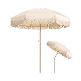 Boho Terrassenschirm mit Fransen, 200cm UV-Beständiger Sonnenschirm für Strand, UPF50+, Holzmast mit Neigungsverstellung für Garten Pool