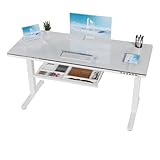 Homall Glas Höhenverstellbarer Schreibtisch, 140 x 70 cm Elektrischer Höhenverstellbarer Schreibtisch mit Schublade, Sitz- und Steh-Schreibtisch für Home Office, weiß