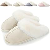 Hausschuhe Damen Herren Winter Plüsch Warm gefüttert Hausschuhe Pantoletten Bequeme rutschfeste Flache Slippers Beige, 40/41 EU