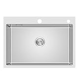 KEOKBON Spülbecken 65 * 50 * 19cm Handgefertigte 304 Rostfreier Stahl Waschbecken mit Wasserhahnloch,28mm) mit Ablauf-Set, 1 Becken Stahlspüle Waschbecken