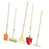 Rekord Kinder Gartengeräte Set 5 TLG. Kinderspaten, Kinderschaufel spitz, Rechen, Besen, Laubbesen - Metall - Holz-Stiel (76 cm), Gartenspielzeug, Gartenset, Kinder-Gartenwerkzeug