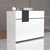 Caldion Rezeptionstheke, Empfangstheke mit beweglichen Regalen, Tresen, Empfangstisch mit abschließbarer Schublade, Schwarze Bänder, für Lobby Cafe Salon, Weiß,140x60x110cm