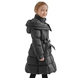 Tilozs Winterjacke Mädchen Kinder Wintermantel Warme Lang Parka Jacke mit Kapuze Gürtel Baumwolle Jacke Winterparka Winddichte Outdoorjacke, Schwarz, 146-152(Herstellergröße: 150)