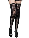 comeondear Halterlose Strümpfe für Damen PU Leder Overknee Strümpfe mit Spitze Große Größen Sexy Stockings Lederstrümpfe Oberschenkelhoch Clubwear Rave Outfit Club Cosplay(Schwarz,L-XXL)