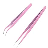 Sularpek 2 Stücke Pinzette Spitz, Professionelle Pinzette Wimpern, Edelstahl Pinzetten Gebogene Gerade Pinzette, Wimpernverlängerung Pinzette, Mitesser Entferner Augenbrauen Entfernung Pinzette (Rosa)