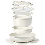 Gipp 7-Teiliges Antihaftbeschichtetes Keramik-Kochgeschirrset Mit Abnehmbarem Griff, Induktionsgeeignete TöPfe Und Pfannen, Brat- Und Stielkasserollen Mit Glasdeckel(Weiß,8 Stück)