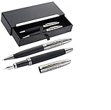Schreibset MARK®TWAIN aus Metall Drehkugelschreiber und Füller mit Gravur - Eleganter gummierter Schaft Blaue Mine - in schwarzem Geschenketui zum Geburtstag 1339203