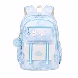 Tanou Schultasche Mädchen Schulranzen Kinder, Große Kapazität Schulrucksack für Mädchen der 1. bis 4. Klasse, Atmungsaktiver Kawaii Rucksack Schule Mädchen mit Anhänger, Blau