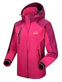 donhobo Jacken Damen Outdoorjacke Wasserdicht Windjacke Leicht Wanderjacke Atmungsaktiv Funktionsjacke Softshell Übergangsjacke mit Kapuze (Rose Rot, L)