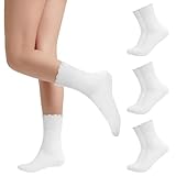 3 Paar Ruffle Socken Frauen lässig niedlich Knöchel Socken atmungsaktiv stricken weich Rüschen Crew Sock(DE/NL/SE/PL, Alphanumerisch, Einheitsgröße, Regular, Regular, 3 Paare - Weiß)