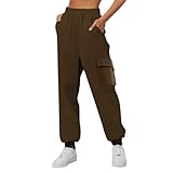Cargo-Jogginghose mit Bündchen, Cargo-Hose für Damen, einfarbig, mit mehreren Taschen, legere Sporthose, modische Wanderhose, weite Taille, Fitnessstudio, Sporthose, braun, XL