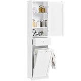 Yaheetech Badezimmerschrank 180 cm Hochschrank mit Wäschekorb & Schublade & Tür schmaler Badschrank Standregal Bodenschrank mit verstellbaren Einlegeboden Weiß