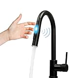 Touch On Sensor Wasserhahn Schwarz Küchenarmatur mit Ausziehbarer Brause, 360° Drehbar Spültischarmatur, Einhand-Spültischarmatur, Mischbatterie Küche mit 2 Wasserstrahlarten, Sprudel und Spray