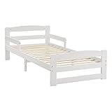 Juskys Jugendbett Arona 90x200 cm mit Lattenrost - Bettgestell aus Massivholz in Weiß - Einzelbett mit Rausfallschutz - Stauraum unter dem Bett