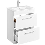 Yaheetech Badezimmerunterschrank Waschbeckenunterschrank mit Waschbecken & 2 Schubladen Einbauwaschbecken Badmöbel-Set Badschrank Unterschrank mit Keramikbecken viel Stauraum Weiß, 61 × 40 × 81 cm