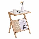 Beistelltisch, Moderner Beistelltisch, handgefertigt, Rattan, Nachttisch, Glas, Sofa, Beistelltisch for Balkon und Büro(Wood)