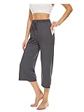 BATHRINS Damen Freizeithose 3/4 Hose Jogginghose Sommer Loose Bequeme Weitem Bein Sweathose Hausehose Sporthose mit Taschen und Verstellbarem Kordelzug(Dunkelgrau,XL)